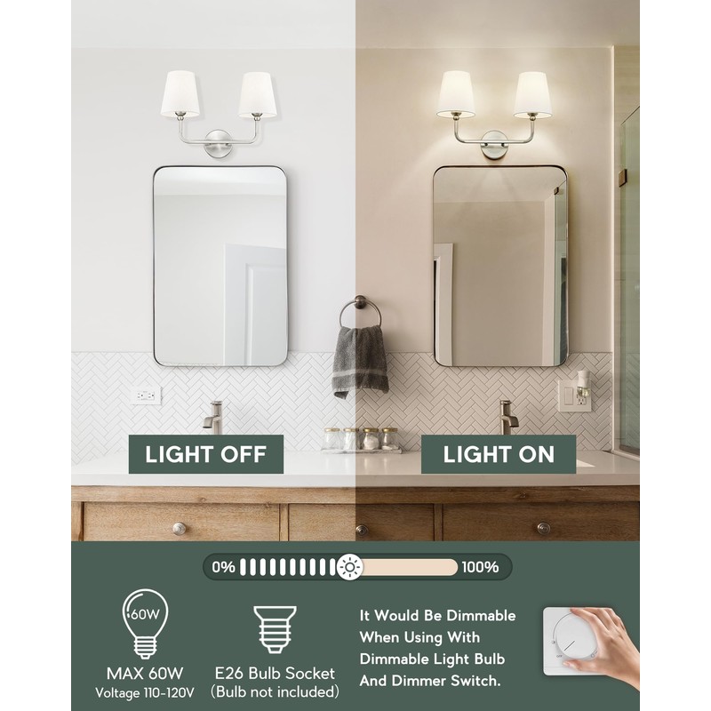 METWET 2-Light Bathroom Light Fixtures, Brushed Nickel Vanity Lights, Double
