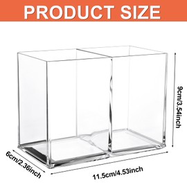 2Pcs Acrylic Pen Holder Acrylic Pen Pot, 2 Compartments Pen Pencil Holder Square Acrylic Pencil Organizer Transparent Pen Cup Clear Makeup Brush Holder Pencil Storage Basket for School Home, Office