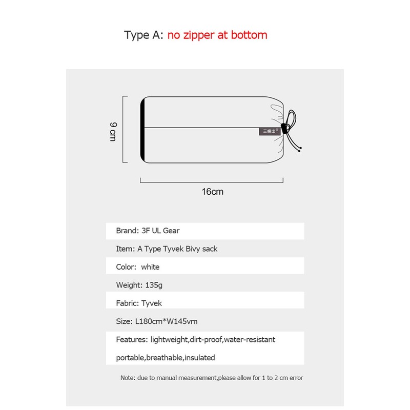 3F UL GEAR Tyvek Sleeping Bag Cover Liner Waterproof Bivy