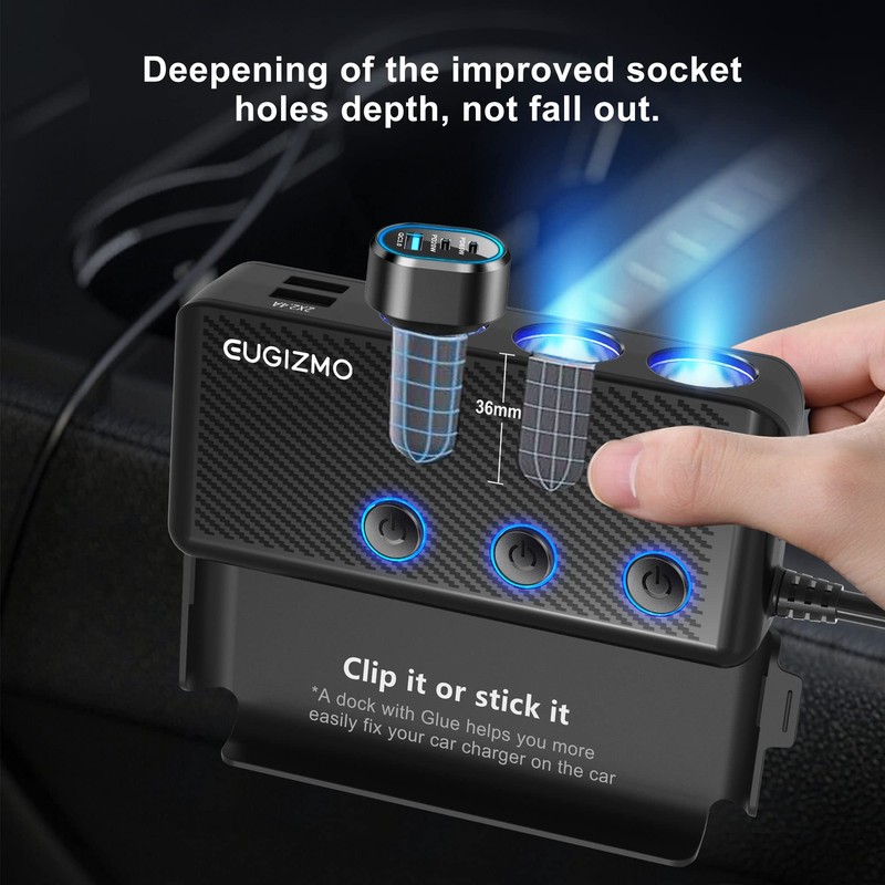 EUGIZMO Cigarette Lighter Adapter, 222W 3 Socket Car Cigarette Lighter