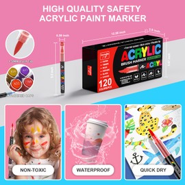 DICEKOO 120 Colors Acrylic Paint Markers, Soft Brush Tip Pens with Automatic Ink Control System, Waterproof, Quick-Drying, Lightfast, for Rock Painting, Canvas, Wood, Egg & DIY Crafts Art Supplies