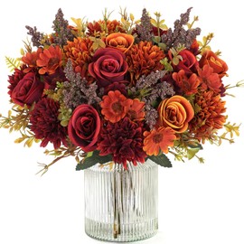 Dremisland Artificial Fall Flowers Like Real Artificial Bouquet 4 Packs Silk Artificial Roses Bouquet with Daisy Chrysanthemum Orange Red Fall Flowers for Centerpiece Table Wedding Autumn Decor