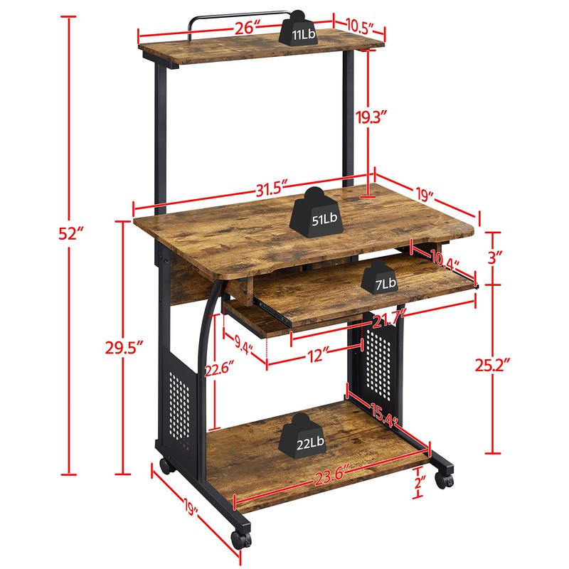 Yaheetech 3 Tiers Rolling Computer Desk with Keyboard Tray and