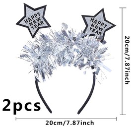 Qunkun Pack of 2 Happy New Year Headbands, Headband, New Year's Eve, Party Headband with Feathers and Stars, Silver Rhinestone Glittering New Year's Eve Party Hair Accessories (A)