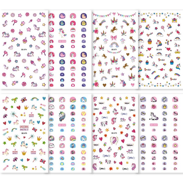 Konsait Unicorn 3D Nail Art Stickers Decals (400+Designs), Rainbow Unicorn Heart Bowknot Nail Sticker False Nail Manicure Decals Toe Wraps for Little Girls Birthday Xmas New Year Nail Tip Decoration