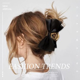 GGUFAY 3 Pieces Large Satin Bow Clip Summer Headwear for Women Simple Temperament Barrette Shark Clip on Back of Head (Black, Beige, Khaki)