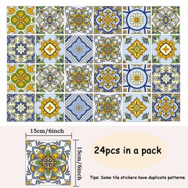 24pcs Moroccan Tile Stickers 15x15cm Yellow Bathroom Tile Stickers for Kitchen Bathroom Living Room Fireplace Stairs Backsplash Home 6"x6" Waterproof Stickers for Tile