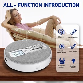 M-Amazup CD Player Portable, Rechargeable Portable CD Player with Dual Speakers and Anti Skip,CD,USB,AUX,LCD Display,Backlit Button,5 EQ,A-B Repeat,10 Speeds for Home Car Fabric White