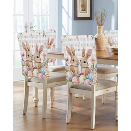 Easter Chair Covers Set of 4 Bunny Eggs Chair Slipcover Protector Removable Stretch Chair Covers Spring Floral Grey Buffalo Plaid Chair Back Covers for Dining Chairs Kitchen Dinner Holiday Party Decor
