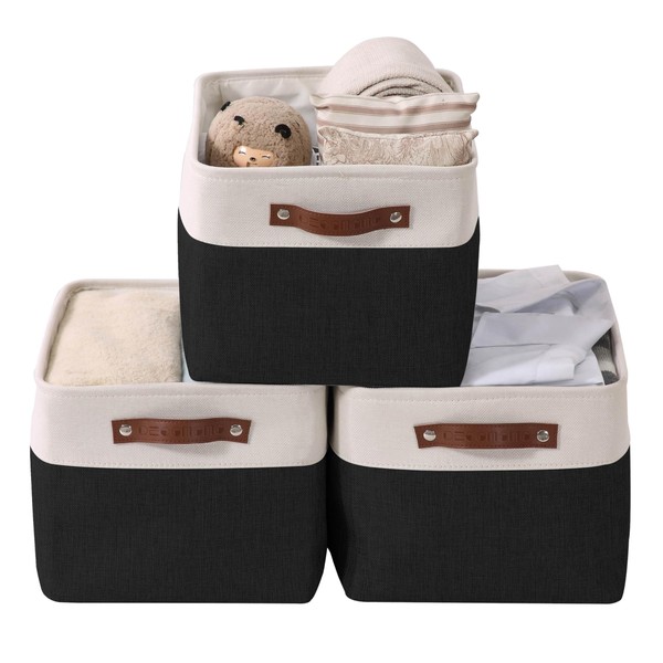 DECOMOMO Storage Bins | Fabric Storage Basket for Shelves for Organizing Closet Shelf Nursery Toy | Decorative Large Linen Closet Organizer Bins with Handles (Black and White, Extra Large - 3 Pack)