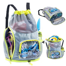 Drawstring Backpack Sandproof - Mesh Backpack Beach Bag with Shoe Compartment - Swim Bag for Beach, Pool - Pool Bag with Pockets for Toiletries - Wet Bag for Swimsuit - Summer Camp Essentials