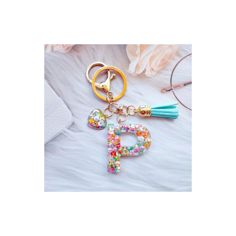 Colorful Initial Letter Keychains with Heart Charm and Tassel