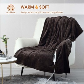 JIAMEIDING Heated Electric Blanket Throw with 3 Heating Levels, 4H Auto Off, Fast Heating,2 Sided Flannel with ETL Certification and Machine Washable, Home Office Travel Use, 50" x 60"Dark Brown
