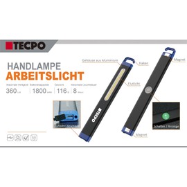 TECPO LED Hand Lamp Workshop Lamp Magnetic Work Light 360 Lumen 25 Metres