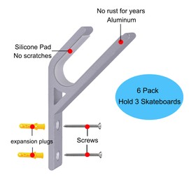 YYST 45° Angles Skateboard Wall Mount Skateboard Wall Hanger Storage Rack to fit Long Board, Skateboard,etc- W Silicone Pad in The Slot (6)