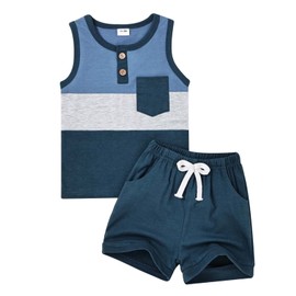 FOCUTEBB - Conjunto de ropa de verano para niños pequeños, sin mangas, con retazos y pantalones cortos, 6 meses-4T, Azul oscuro, 12-18 Meses