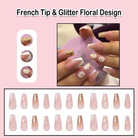 ANDGING French Tip Press on Nails Coffin White Fake Nails with Glue Floral Glitter Glue on Nails with Designs ombre natural Acrylic Manicure False Nail for Women Gel Stick on Nails for Wedding