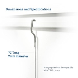 Steel Picture Hanging Cord 2mm Diameter 72-Inch with Large Hook - Compatible with TR101 Wall Track Picture Hanging System - Supports Up to 28 lbs - 5 Pack