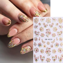 6 Sheets Spring Flower Nail Decals for Nail Art Gold Pink Butterfly Nail Stickers 3D Blue Flowers Nail Decals Self-Adhesive Summer Butterfly Nail Supplies for Women Girls DIY Nails Designs