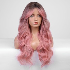 HAIRCUBE Long Pink Wavy Wig for Women Ombre Pink Wig Dark Root 26 Inch with Bangs Curly Wavy Wig Natural Looking Synthetic Heat Resistant Fiber Wig for Daily Party Use （Pink aslc1045-3