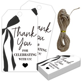 Thank You Gift Tags with String, 2x3.5 Inch Thank You for Celebrating with Us Tag, Black Bow Print, Gift Label for Birthday Party Baby Bridal Shower Wedding Favor-A15