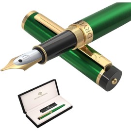Dryden Designs Fountain Pen. Medium Nib Premium Box | 6 Ink Cartridges Included (Emerald Green)