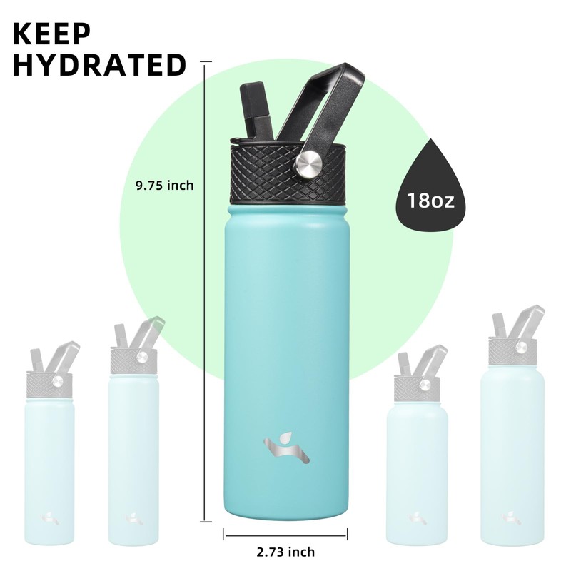 Konokyo Insulated Water Bottle with Straw,18oz 3 Lids Metal Bottles