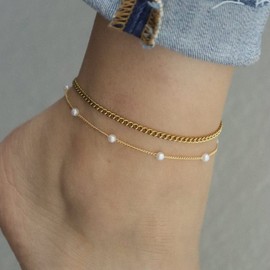 Kyerlyn 14K Gold Plated Pearl Anklet Dainty Pearl Anklet Bracelet Layered Cuba Chain Pearl Charm Anklet Beach Foot Chain Anklet Summer Foot Jewelry for Women