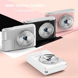 2.4 Inch Digital Camera, 4K 48 MP, Compact Small Travel Camera, 16x Digital Zoom, Kids Camera, Auto Focus, for Girls, Teenager Gifts (White)