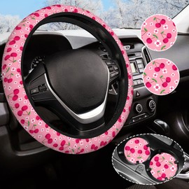 Cherry Steering Wheel Cover Anti-Slip and Practical 14.5-15 Inch Universal Car Steering Wheel Cover with 2 Pieces Car Coasters Suitable for Men Women