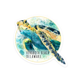 Die Cut Sticker Rehoboth, Delaware, Sea Turtle, Watercolor, Contour Vinyl Sticker 1 to 3 inches (Waterproof Decal for Cars, Water Bottles, Laptops, Coolers), Small