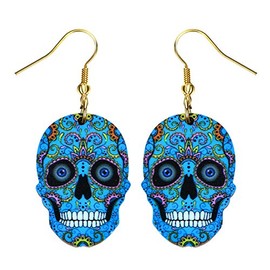 Liavy's Day of the Dead Sugar Skull Fashionable Earrings - Acrylic - Fish Hook - Blue