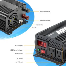 Tebrol 1000 watt Inverter Modified Wave 12V to 110V/120V DC to AC Inverter car Power Inverter for semi Truck Vehicles Camping RV Van Solar Power Inverter Converter with LCD Display-1000w
