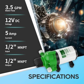 RVGUARD 12V DC Self Priming Water Pump, 3.5 GPM 45 PSI, Green Plastic Diaphragm Pump with Strainer Filter, Adapters, for RV, Yacht, Garden, Camper