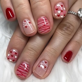 24Pcs Valentines Day Nails Heart Press on Nails Short Square Fake Nails Red White Line Love Heart Full Cover Acrylic Nails Valentines Glue on Nails Cute False Nails Stick on Nails for Wedding Nails
