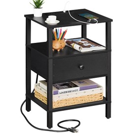 Lerliuo Nightstand with Charging Station and USB Ports, 3-Tier Storage End Table with Drawer Shelf, Night Stand for Small Spaces, Wood Bed Side Table for Living Room, Bedroom - Classic Black