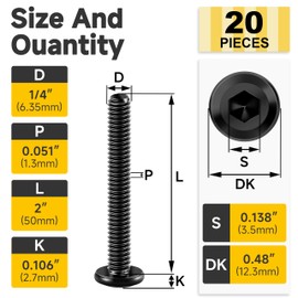 20Pcs 1/4 Bolts, 1/4-20 x 2 Flat Head Hex Socket Head Cap Screw Bolts, 1/4 Screws 304 Stainless Steel Furniture Screws Full Thread, Black Oxide & Hex Spanner by Mywish