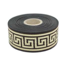 35062 Band mit griechischem Schlüssel-Jacquard-Bordüre, besticktes Band, gewebte Bordüre, Vintage-Bordüre, 3,5 cm breit, Braun und Gold, 9,1 m