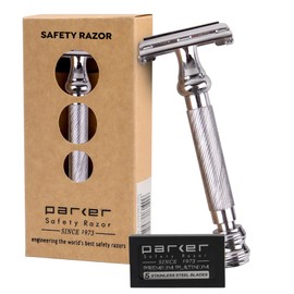 Parker 99R Chrome Long Handle Heavyweight Butterfly Open Double Edge Safety Razor for Men | 5 Parker Premium Platinum Double Edge Razor Blades Included | Iconic Brand