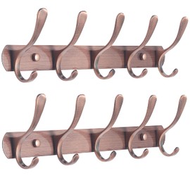 SKOLOO Coat Rack Wall Mount - Modern, Metal Wall Coat Rack with 5 Hooks, Pack of 2, Sturdy Wall Hook Rack Rail for Hanging Coat, Jacket, Clothes, Hat, Red Copper