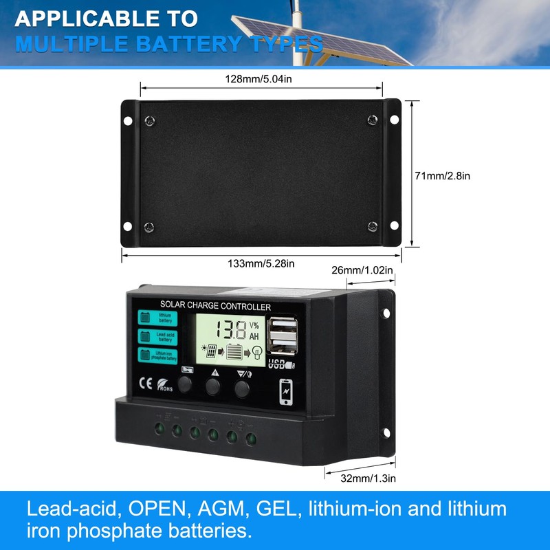 2 Packs 30A Solar Battery Charge Controller 12V 24V PWM