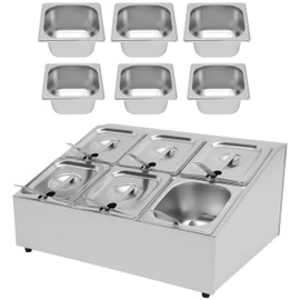 Pizza Topping Station with 6 1/6Pans& Lids, Stainless Steel Food Pans Condiment Dispenser Food Container Countertop Spice Rack Organizer Shelf Holder for Seasoning Sauce Salad Jam Fruits Ingredients