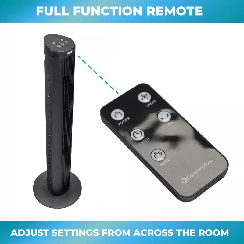 Comfort Zone 40" 3-Speed Oscillating Portable Tower Fan with Remote,