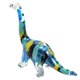 Sansukjai Diplodocus Dinosaur Figurines Hand Blown Color Glass Art Animals Collectible Gift Home Decor, Black Blue