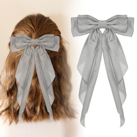 YELARXI Large Bowknot Hair Ribbon Barrette, Hair Bows Oversized Clip Long Tails - Fitting for (Party - Wedding - Birthday - Gift - Clip Accessories - Women) 14.17 Inch & Satin & Gray