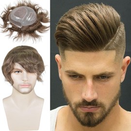 Vennsian French Lace Front Natural Hairline Men’s Toupee Human Hair System 8x10 Inch Fine Mono Hairpiece with Poly Around Replacement Hair Pieces for Men Medium Density #7 Light Brown Color