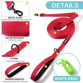 20FT Long Dog Leash with 2 Comfortable Soft Padded Handles Red Reflective Heavy Duty Pet Dog Training and Walking Leashes Durable Dog Training Lead & Traffic Handle for Large Medium and Small Dogs