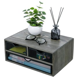 MyGift Vintage Weathered Gray Solid Wood Desktop Organizer Box with 3 Removable Black Metal Mesh Trays, Office Desk Supplies Storage Drawers for Accessories