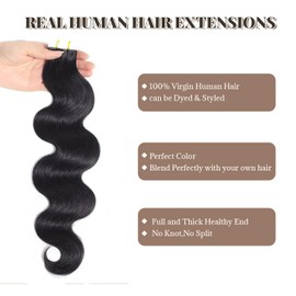 Tape in Hair Extensions Human Hair, Body Wave 100% Remy Human Hair 16 Inch 50g/pack 20pcs Tape Hair Extensions Natural Black Real Human Hair Extensions for Black Women Human Hair Tape in Extensions
