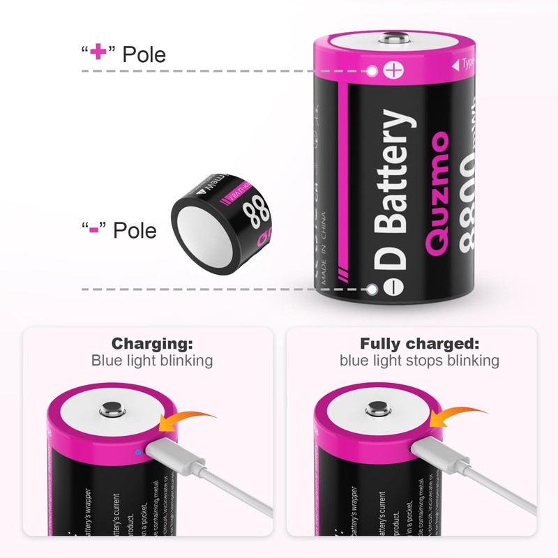 Quzmo Rechargeable Lithium D Batteries, 8800mWh 1.5V D Cell Battries